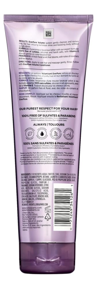 L'Oreal Paris EverPure Volume Sulfate Free Shampoo for Color-Treated Hair, Volume + Shine for Fine, Flat Hair, with Lotus Flower, 2 Count (8.5 Fl; Oz each) (Packaging May Vary)