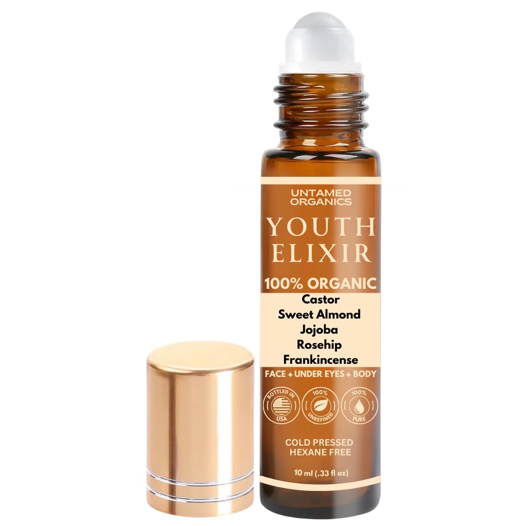 Untamed Organics Youth Elixir - Roll On Facial Serum For Under Eyes and Face with Certified Organic, Cold Pressed, Hexane Free Castor, and Frankincense Oil - Miracle Anti-Aging Oil 10mL