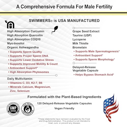 Swimmers | Fertility Support for Men | Optimal Sperm Count & Motility | Male Fertility Blend & Prenatal + Multivitamin to Support Healthy Conception | Premium Men's Health Supplement | 120 Capsules