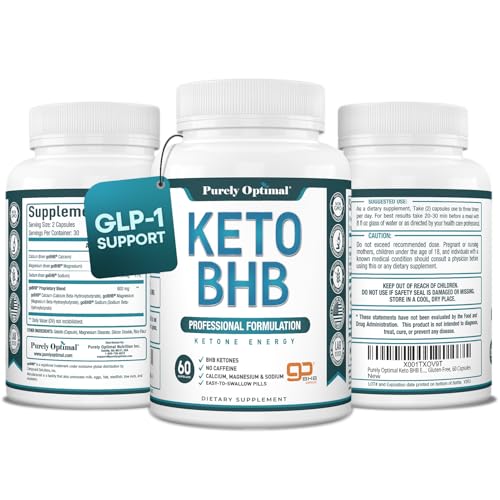 Purely Optimal Keto BHB Exogenous Ketones Supplement - Keto Diet Pills for Ketosis, Energy, Focus, Metabolism - for Women and Men (60 Capsules)