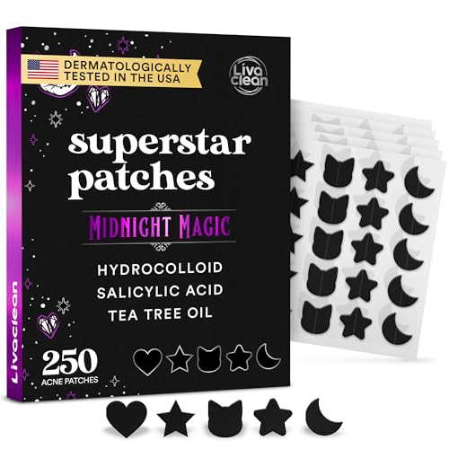 LivaClean 250CT Black Star Pimple Patches Midnight Magic w/Salicylic Acid & Tea Tree Oil - Pimple Patches for Face, Hydrocolloid Acne Patch, Cute Face Stickers, Zit Patch