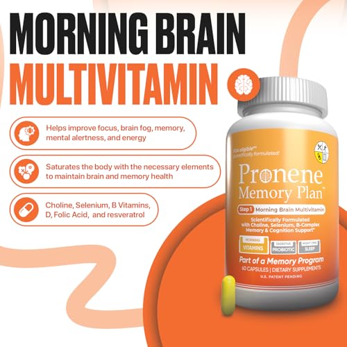 PRONENE Memory Plan (60 ct) Morning Brain Multivitamin | Nootropic Supplement w/Choline, Selenium, Resveratrol, D, & B Vitamins | Advanced nutrients Support Brain, Immunity & Memory.