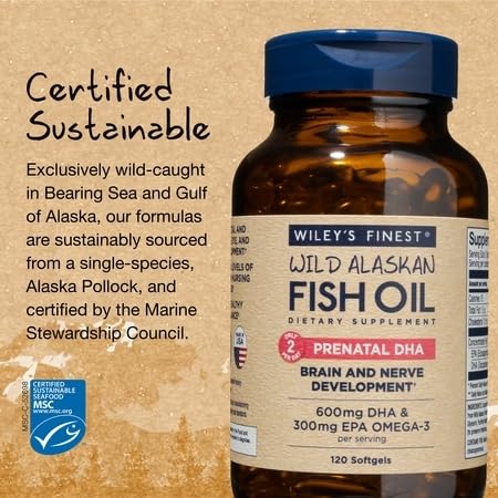 Wiley's Finest Wild Alaskan Fish Oil Prenatal DHA - 900mg EPA and DHA Omega-3s for Pregnant Women and Nursing Mothers - 120 Softgels (60 Prenatal Vitamin Servings)
