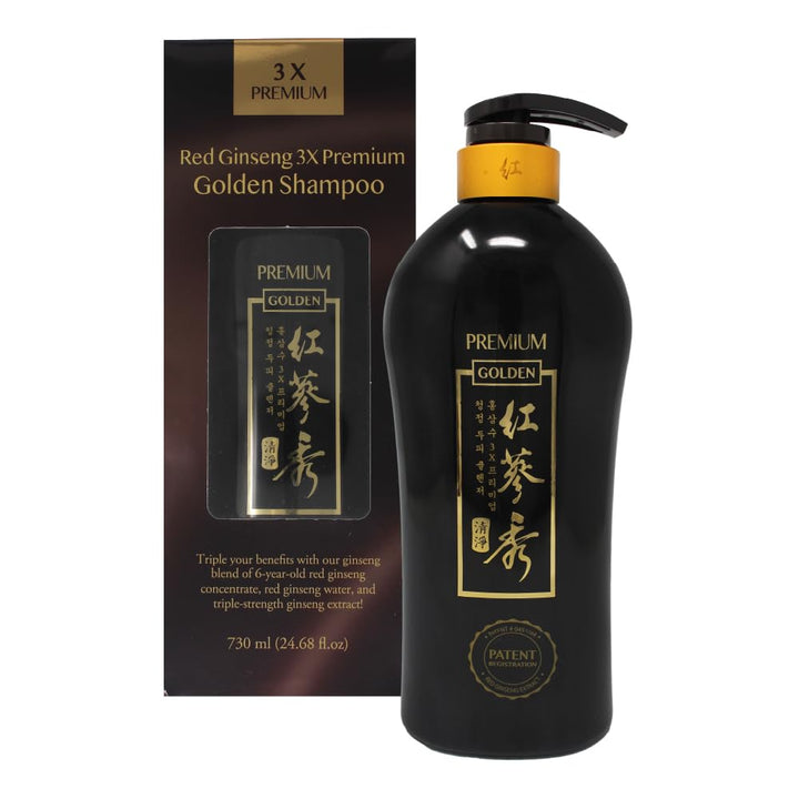Red Ginseng 3X Premium Golden Shampoo 24.68 fl.oz (730ml) with a 6-year-aged Korean Red Ginseng revitalizes all Hair Types. It soothes itchy Scalp and strengthens thinning Hair [Naisture]