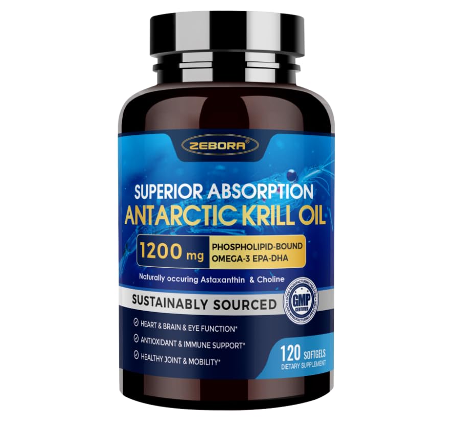 Krill Oil 1200 mg Omega 3 Supplement, Krill Oil Omega 3 with High Absorption EPA, DHA, Astaxanthin & Phospholipids, Supports Heart & Joint Health, No Fishy Aftertaste - 120 Softgels (60 Servings)