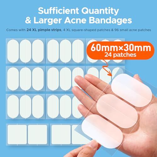 TKTK Large Pimple Patches for Face, 60 x 30 mm XL Acne Patches, Big Hydrocolloid Bandages for Body, Back, Forehead, Chin, Neck Blemish Zit Breakouts (Oval, Square, Dot 5 Sizes 124 Count)
