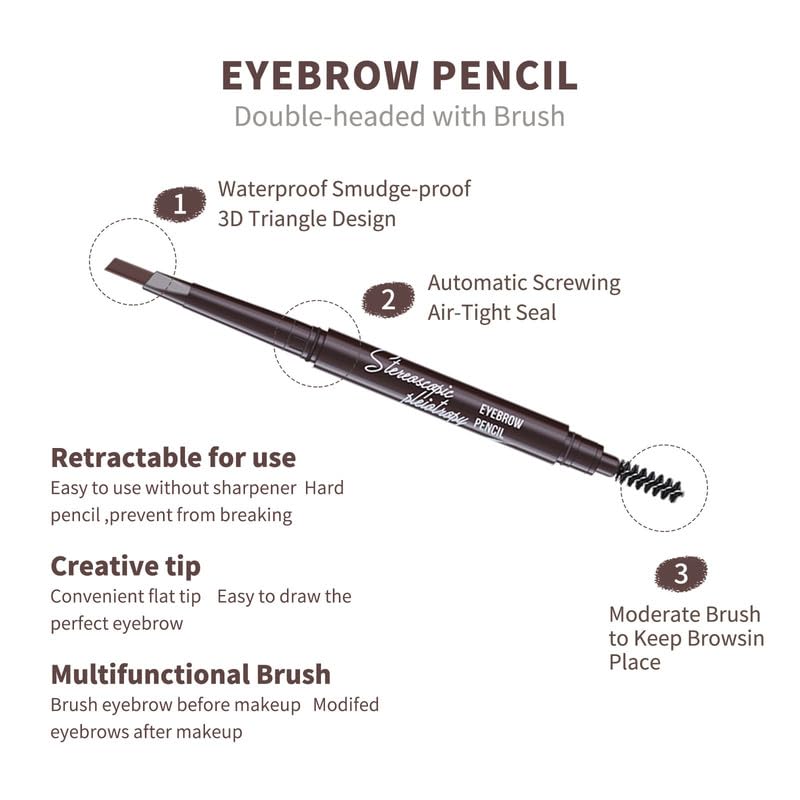 Berinist 12Pcs Dark Brown Eyebrow Set, Retractable Eyebrow Pencil with Brow Brush, Professional Shaping and Filling, Waterproof Long-lasting