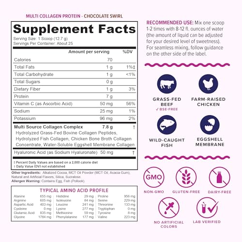 Multi Collagen Peptides Powder for Women and Men - Instant Dissolving Grass Fed Hydrolyzed Collagen Powder Drink Mix for Beautiful Hair Skin and Nails with Hyaluronic Acid and Vitamin C