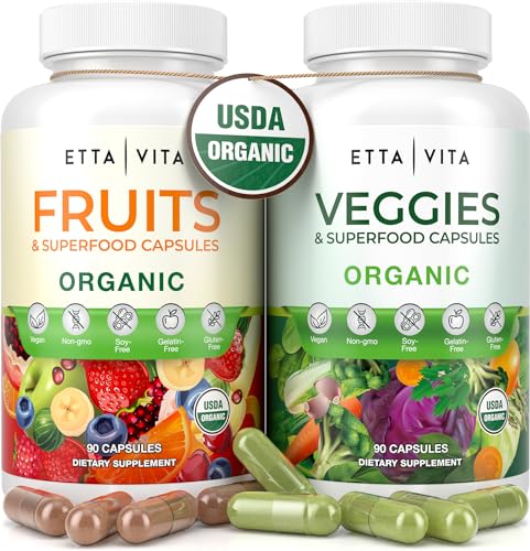 100% Organic Fruits and Veggies Supplement (USDA Organic - Made in USA) 180 Potent Fruits and Vegetable Capsules for Energy Boost & Daily Fruit and Vegetable Vitamins - Vegan, Non-GMO, Gluten-Free