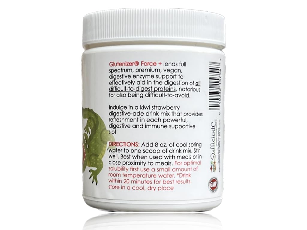 Sufficient C - Glutenizer Force Plus Kiwi-Strawberry Digestive-Ade Drink Mix - Premium, Full Spectrum Vegan enzymes Plus 2,000 mg. Gut Healing Vitamin C - Acid Indigestion & Stomach Bloat Solution