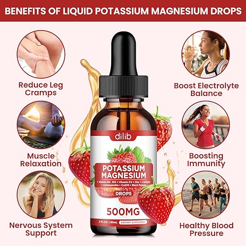 Potassium Magnesium Citrate Supplement, Liquid Magnesium Citrate Drops 500mg with Ashwagandha, Calcium, Zinc, Vitamin D3, B6, B12, CoQ10 - Support Calm & Bone & Muscle & Immune Health Vegan 2 fl oz