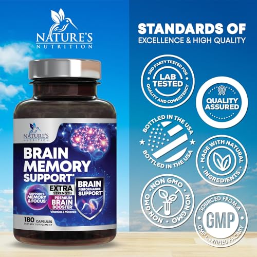 Brain Supplements for Memory and Focus - 40 Nootropics & Vitamins to Support Mental Alertness, Clarity & Concentration, Brain Health Cognitive Memory Pills, B6, B12, Phosphatidylserine - 180 Capsules