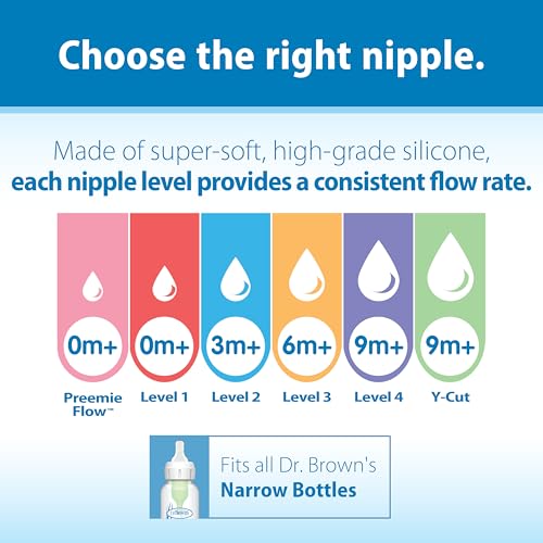 Dr. Brown’s Natural Flow Level 2 Narrow Baby Bottle Silicone Nipple, Medium Flow, 3m+, 100% Silicone Bottle Nipple, 6 Count