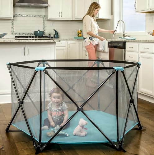 Regalo My Portable Play Yard Indoor and Outdoor, Washable, Aqua, 6-Panel, 48 Inch