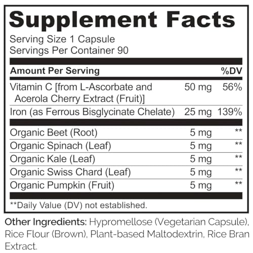 NATURELO Vegan Iron Supplement with Vitamin C and Organic Whole Foods - Gentle Pills for Women & Men w/Iron Deficiency Including Pregnancy, Anemia Diets 90 Mini Capsules