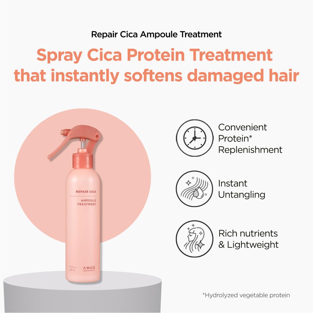 AMOS PROFESSIONAL Repair Cica Ampoule Treatment l Leave-In Conditioner Spray & Detangler, Anti-Frizz Deep Conditioner for Split Ends & Breakage, 7.7 fl.oz fl.oz