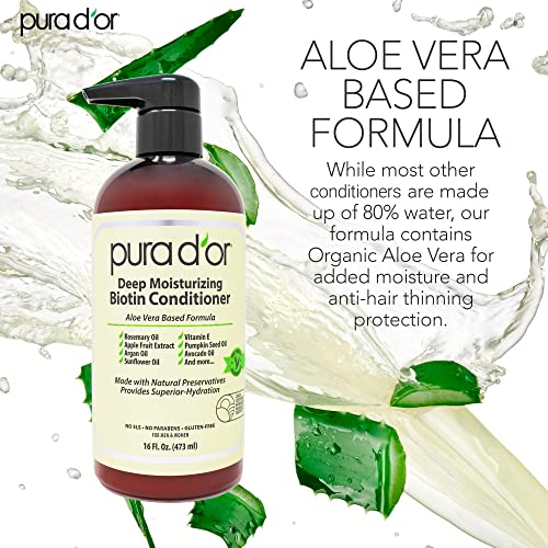 PURA D'OR Deep Moisturizing Biotin Conditioner Thickens, Softens, & Moisturizes Dry, Frizzy, Damaged Hair w/Argan Oil, Pumpkin, Rosemary, Honeysuckle, Vitamin E, Men & Women, 16oz