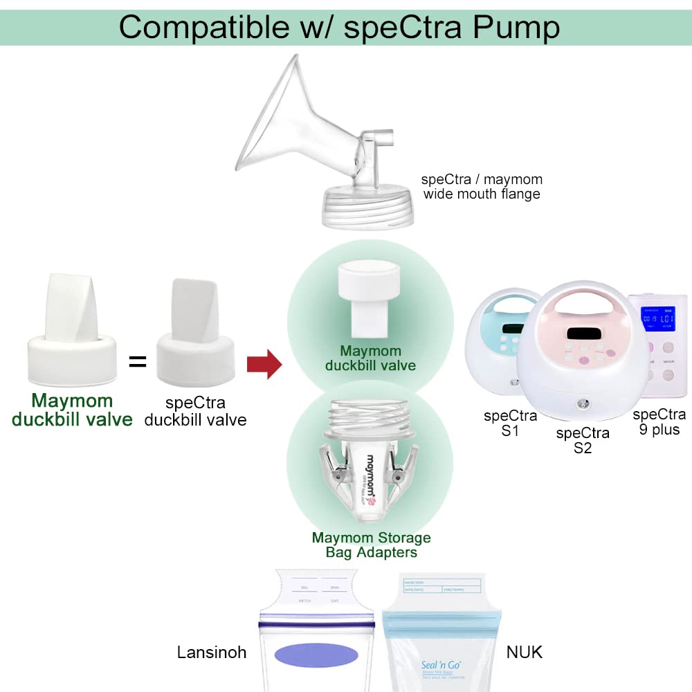 Maymom Breastmilk Storage Bag Adapters Compatible with Spectra S1, S2 Pumps ; 2 Duckbill Valves Included; Clear BPA Free Material; Boiling Water OK; Do Not Use Microwave or Steamer Bag to Sanitize