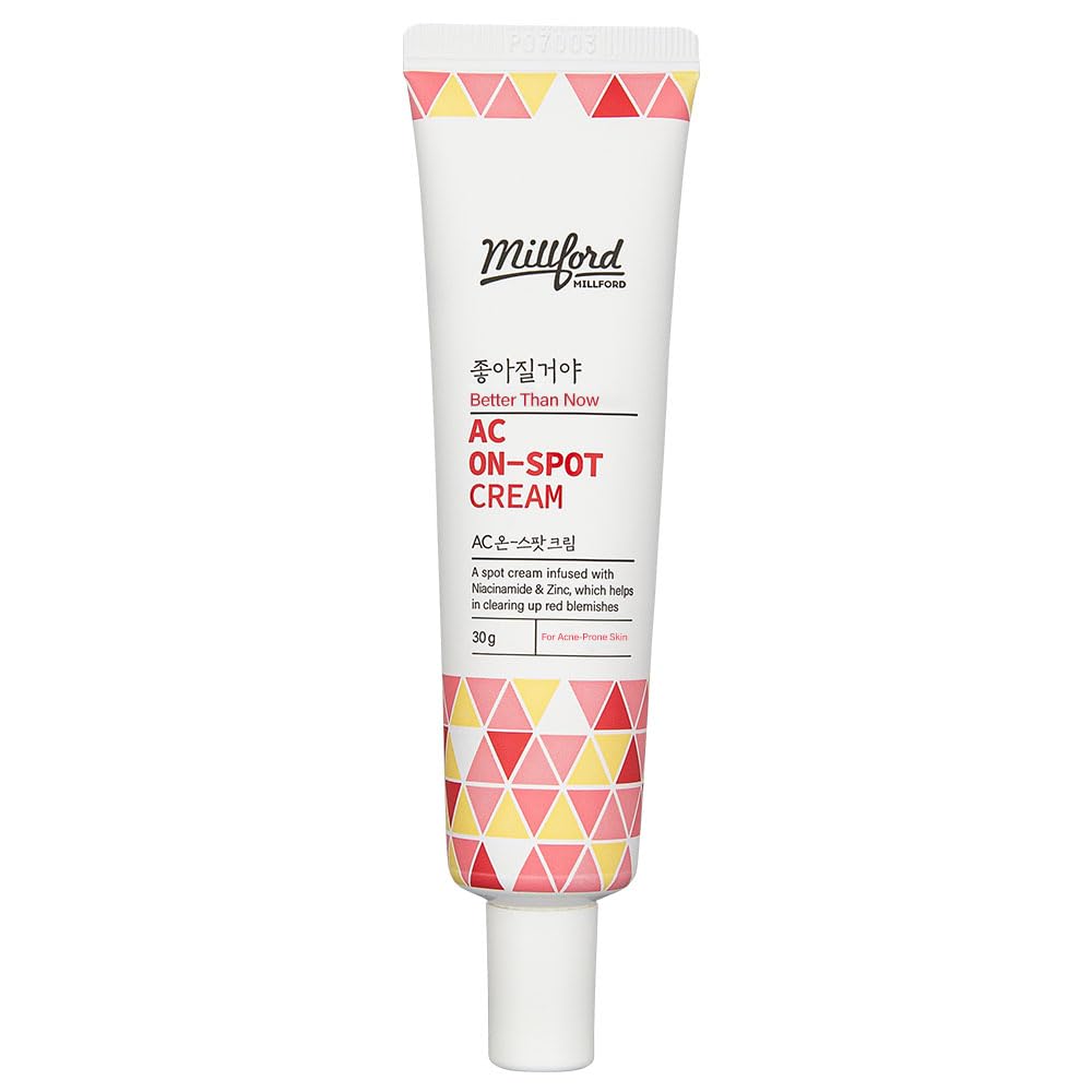 Millford AC On-Spot Cream 30g/1.05 Oz, Zinc Oxide 10%, Niacinamide 2%, Acne Care, Blemish Treatment, Dark Spot, Korean Skincare
