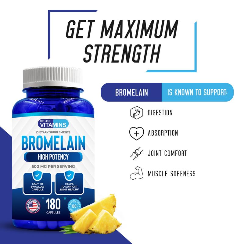 We Like Vitamins Bromelain 500mg Capsules - 2400GDU/g - Bromelain Supplement from Pineapple Extract - Proteolytic Enzymes for Digestion, Absorption, Joint Pain, Muscle Soreness - 180 Capsules