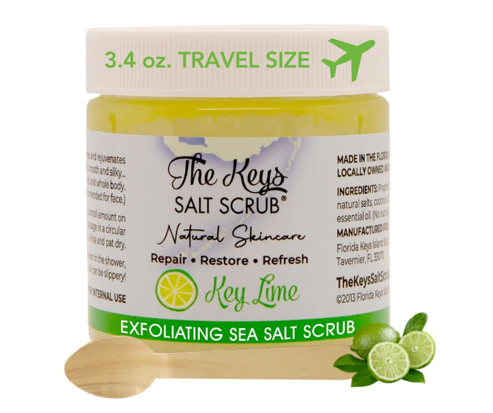 The Keys Sea Salt Body Scrub - Exfoliating With Wooden Spoon for Men, Women - Foot and Hand Scrub Made With Pure Florida Sea Salt, Organic Essential Oils & Nutrients (Key Lime, 3.4 oz)