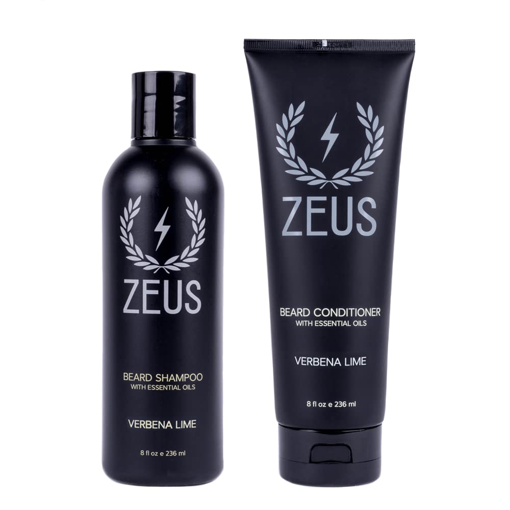Zeus Beard Shampoo and Beard Conditioner Set for Men - (8 oz. Bottles) (Scent: Verbena Lime)