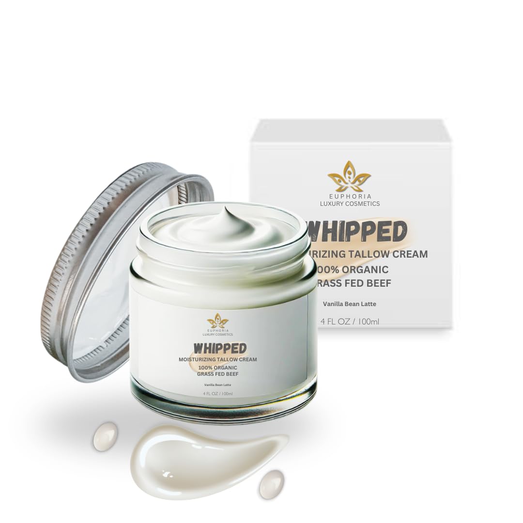 Euphoria Luxury Cosmetics Beef Tallow for Skin Care -100% Grass Fed- Whipped Moisturizer for Face and Body - 100% Natural Lotion for Sensitive Skin Vanilla Bean Latte - 4 FL. oz.