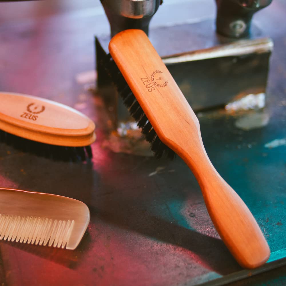 Zeus Pear Wood 100% Boar Bristle - Medium Beard Brush with Handle - Made in Germany