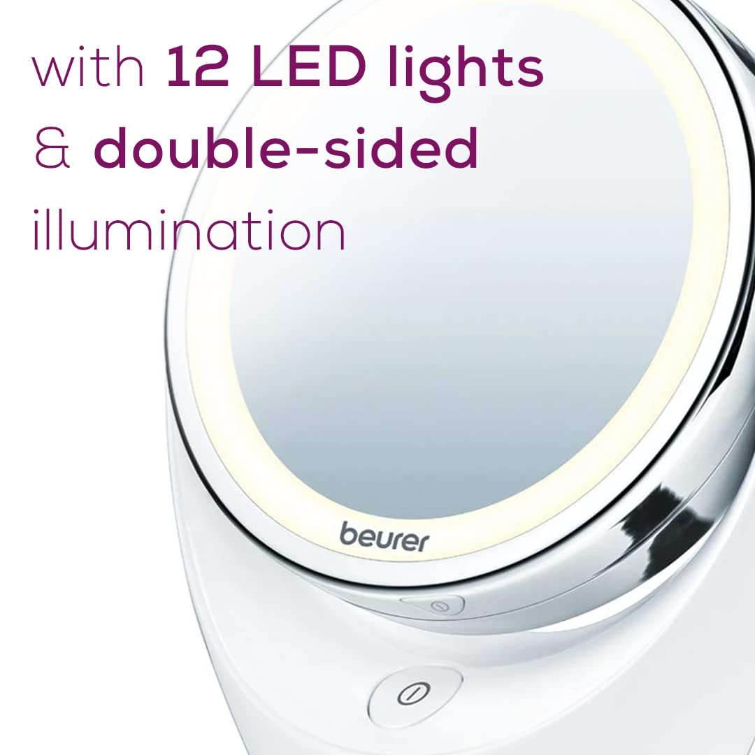 Beurer Illuminated 5x Vanity and Cosmetics Mirror, Touch Sensor Surface, Storage Tray, With Portable, Magnetic Magnifying MakeUp Mirror, White LED Light and Dimmer, Cordless, 360° Rotation, BS45