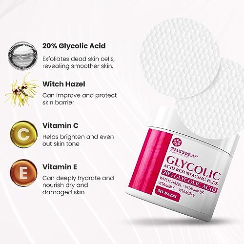 20% Glycolic Acid Pads (50 Pads) - Exfoliating Pads for Face Chemical Peel for Face at Home - Glycolic Acid Peel Exfoliating Face Pads - Acne Pads Facial Peel Face Exfoliating Pads with Vitamin C