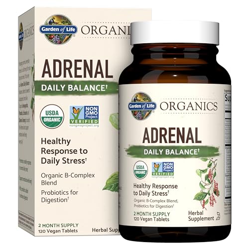 Garden of Life Organics Adrenal Daily Balance, Adaptogenic Herbs Ashwagandha, Holy Basil, B Complex & Probiotics, Organic Non-GMO, Vegan, Gluten Free Supplement, Two Month Supply, 120 Tablets