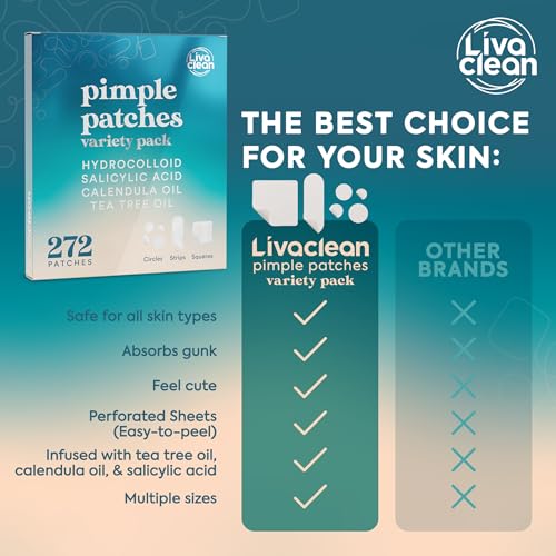 LivaClean 272 CT Pimple Patches Variety Pack w/Tea Tree Oil, Salicylic Acid & Calendula Oil - Pimple Patches Large, Large Acne Dressing for Face Acne Patch XL, Hydrocolloid Patch