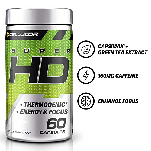 Cellucor SuperHD Thermogenic Fat Burner Weight Loss Supplement, Appetite Suppressant, & Energy Booster Capsimax, Green Tea Extract, 160mg Caffeine & More 60 Capsules (Packaging May Vary)