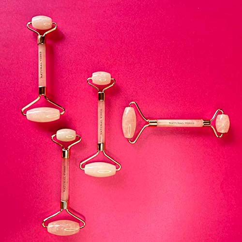 Natural Vibes Rose Quartz Face Yoga Roller with FREE Gold Beauty Elixir Oil |Removes Face Fat & Double Chin | Reduces Puffiness | Uplifts & Tightens Skin | Adds Glow and Brightness |100% Pure Stone