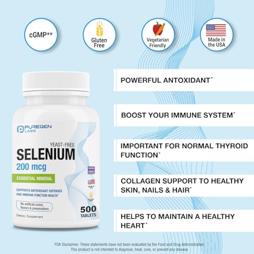 Puregen Labs Selenium 200 mcg Yeast Free Essential Mineral - 500 Vegetarian Tablets | Immune & Antioxidant Support | Non-GMO, Gluten Free, Made in USA