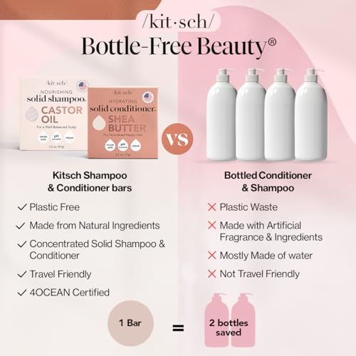 Kitsch Castor Oil Shampoo & Shea Butter Conditioner Bar - Vegan & All Natural Solid Bar | Hydrating & Moisturizing Soap, Paraben-Free, Made in USA - 2pcs