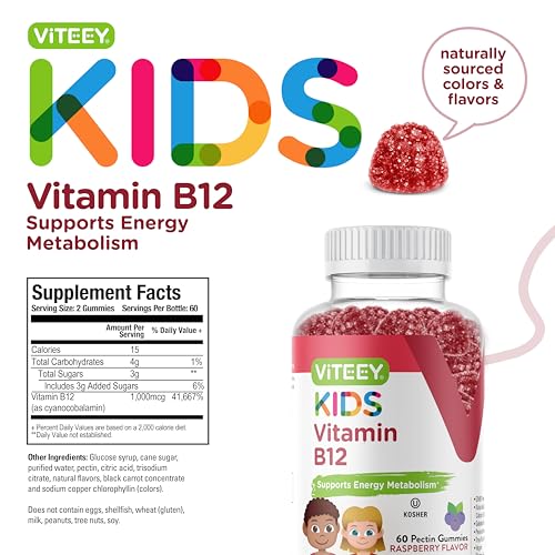 Vitamin B12 for Kids Gummies, 1000mcg - Metabolism, Natural Energy Support - Vegan, Gelatin Free, Gluten Free, GMO Free - Tasty Chewable B12 Raspberry Flavored Gummy