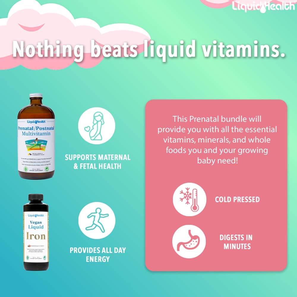 LIQUIDHEALTH Prenatal Baby Booster Pregnancy Vitamin Bundle - Vegan Women's Prenatal Multivitamin with SunActive & Ferrochel Iron, Folate, Whole Foods