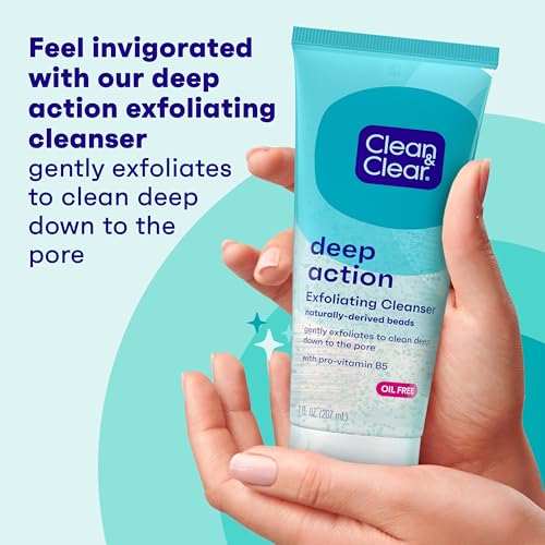 Clean & Clear Deep Action Exfoliating Cleanser with Pro-Vitamin B5, Gentle Exfoliating Daily Face Scrub Cleans Deep Down to the Pore for Soft, Smooth, Hydrated Skin, Oil Free Face Wash, 7 FL OZ
