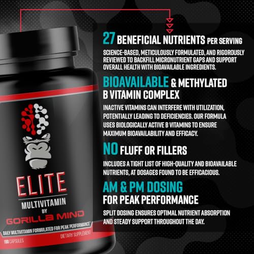 Gorilla Mind Elite Multi-Vitamin (180 Capsules) – Daily Multivitamin Formulated for Peak Performance | 27 Nutrients to Backfill Micronutrient Shortcomings