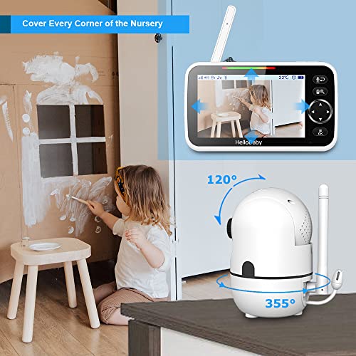 HelloBaby No WiFi Baby Monitor 5 Screen 30-Hour Battery Pan-Tilt-Zoom Video Upgrade with Camera and Audio, Night Vision, VOX, 2-Way Talk, 8 Lullabies and 1000ft Range