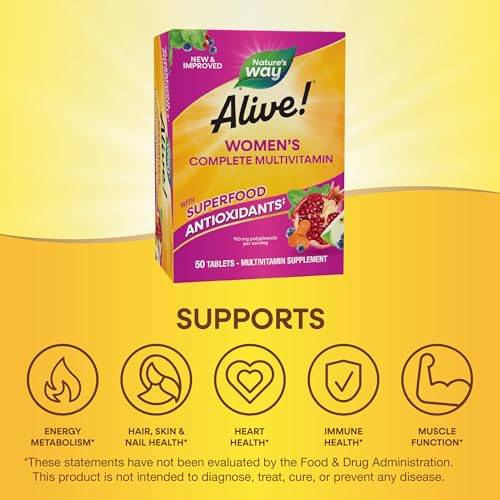 Nature's Way Alive! Women’s Complete Multivitamin, Supports Energy Metabolism and Hair, Skin & Nails, Superfood Antioxidants, B-Vitamins, 50 Tablets (Packaging May Vary)