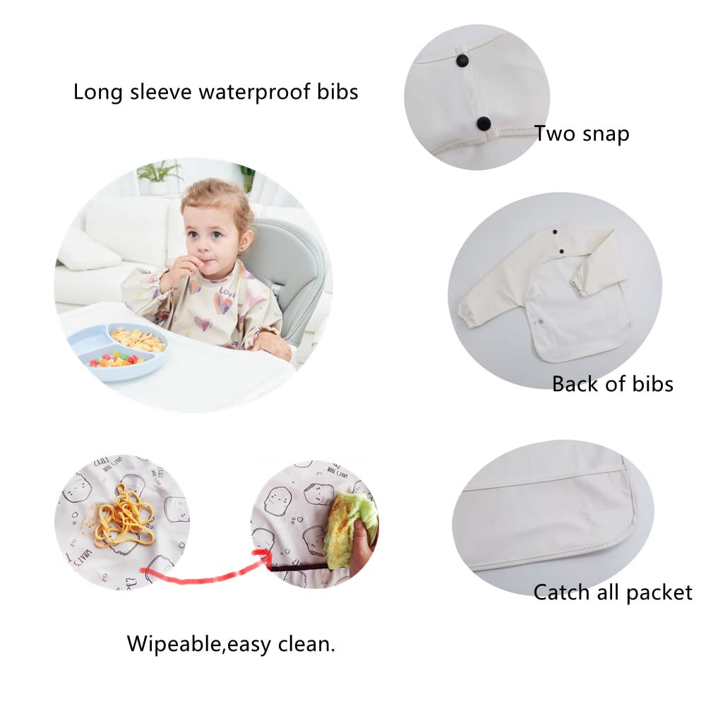 GZMM Waterproof Baby Bibs,Infant Toddler Long Sleeve Feeding Bib With Food Catcher,Wipe Clean & Washable