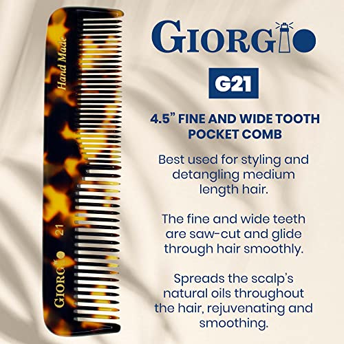Giorgio G21 Double Tooth Small Hair Pocket Comb, Fine/Wide Tooth Comb For Hair, Beard and Mustache, Coarse/Fine Hair Styling Grooming Comb for Men, Women and Kids. Saw Cut Handmade and Polished