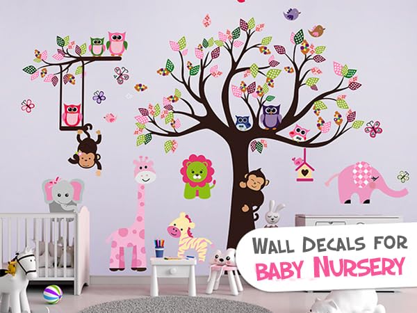 DEKOSH Pink Jungle Baby Nursery Wall Decal Peel & Stick Colorful Owl Giraffe Lion Animal Wall Stickers for Kids Room