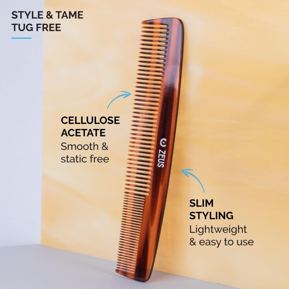 ZEUS 7.5 Saw-Cut Handmade 2-in-1 Beard & Mustache Comb, Tortoiseshell