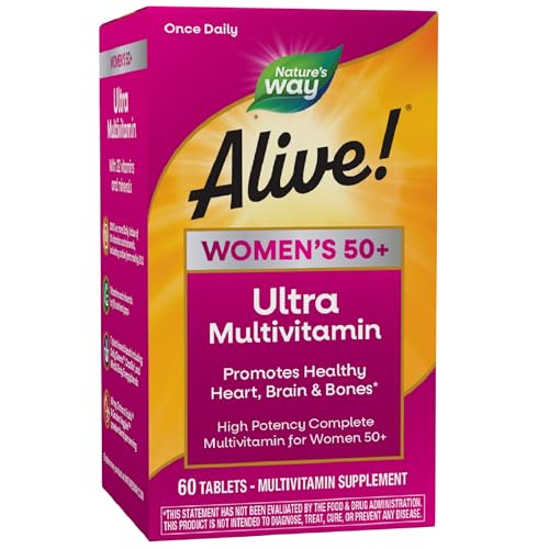 Nature’s Way Alive! Women’s 50+ Ultra Potency Complete Multivitamin, High Potency Formula, Promotes Healthy Heart, Brain, Bones*, with Methylated B12, Gluten-Free, 60 Tablets (Packaging May Vary)
