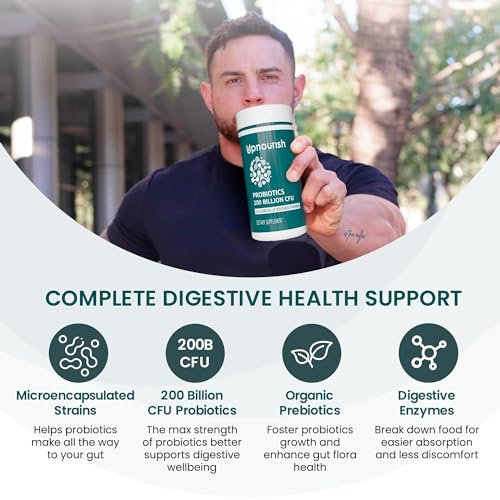 UpNourish Probiotics - 200 Billion CFUs, 15 Strains, Prebiotics & Enzymes - 60 Vegan Capsules