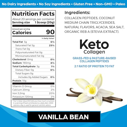 Orgain Keto Collagen Protein Powder, Vanilla - 10g Grass Fed Hydrolyzed Collagen Peptides for Women & Men, Type I & III, 5g MCT Oil - Hair, Skin, Nail, & Joint Support, Non-GMO, Gluten Free - 0.88lb
