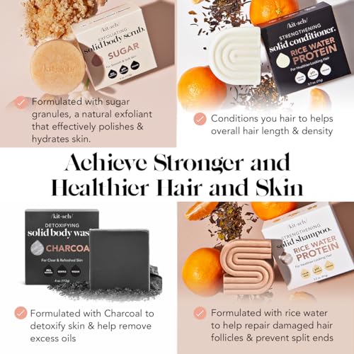 Kitsch 4pc Set - Rice Water Shampoo & Conditioner Bar, Charcoal Body Soap & Sugar Scrub Bar, Solid Bars with Castor Oil & Coconut Oil, Vegan, Paraben-Free, Hair & Body Care